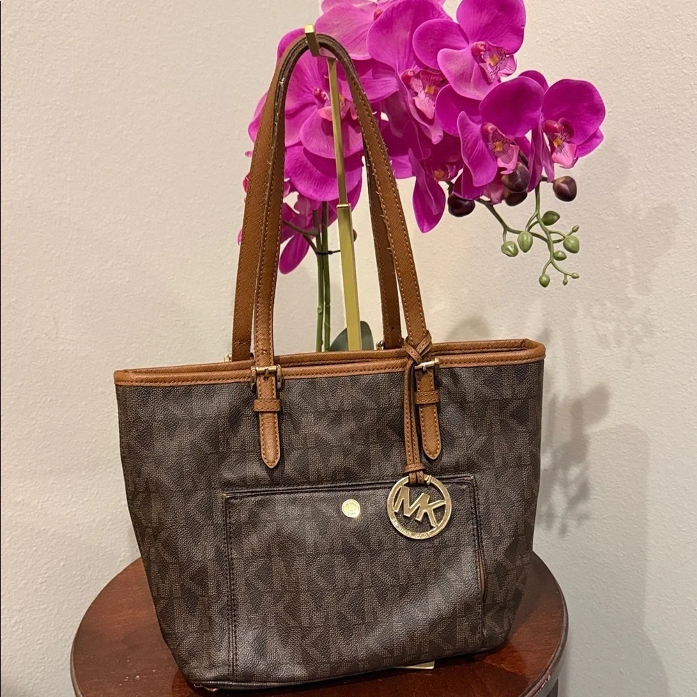 Michael Kors Dark Brown Tote Tan Accents MK gold purse bag designer handbag